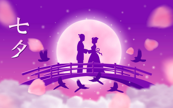 Vector illustration for Qixi festival celebrating the annual meeting of the cowherd and wearer girl in chinese mythology. Chinese Valentane's Day, Double Seventh Festival, the Magpie Festival.
